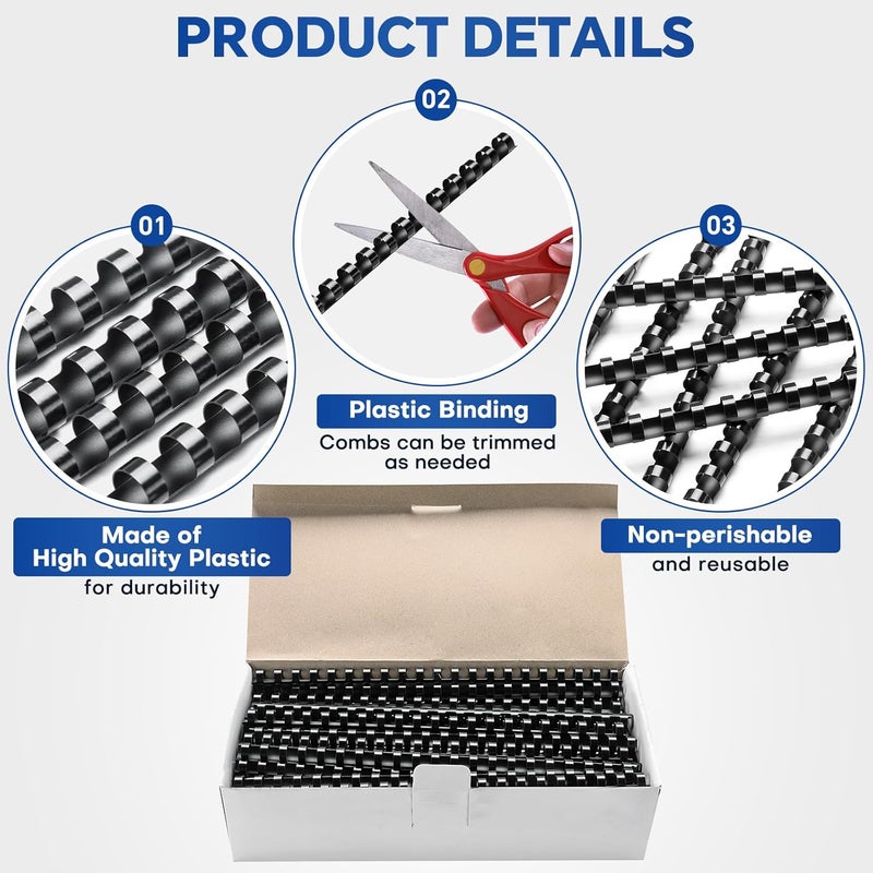 MYFULLY 100 Pack 21 Ring Plastic Comb Binding Spines | 3/8 Inch Diameter, 55 Sheet Capacity, A4, Black Binding Comb (3/8" (55 Sheet Capacity)) - Image 4